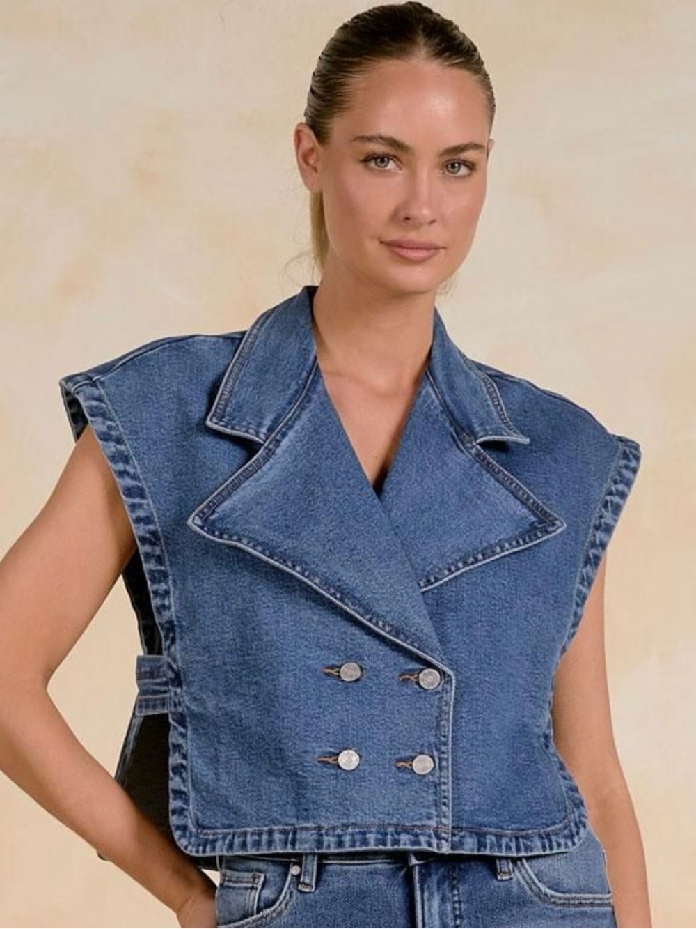 Elan-Cropped Denim Double-Breasted Vest - Blue